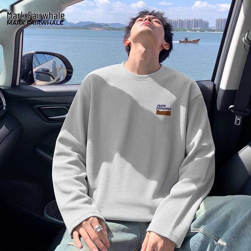 MARK FAIRWHALE Men's Waffle Knit Long-Sleeve Loose Fit Crewneck T-Shirt