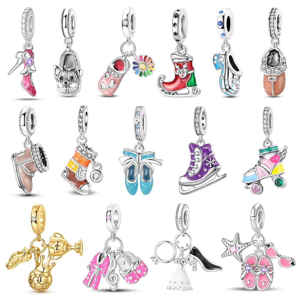Argento 925 Tacchi Alti Rossi Scarpe da Ginnastica Dorate Trofeo di Calcio Braccialetto Charms Negozio di Regali Serie Scarpe