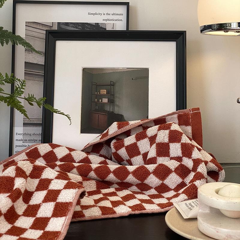 Vintage Ins Jacquard Checkered Long Pile Face Towel Wash Towel Household Bath Towel Absorbent Large Gift