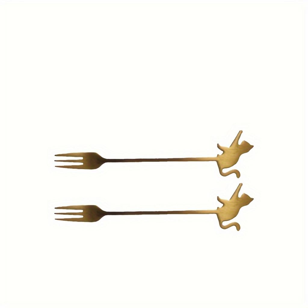 Set de 2 piese linguriță și furculiță de desert din oțel inoxidabil 304 cu design de pisică drăguță, mâner scurt, finisaj satinat, linguriță de ceai.