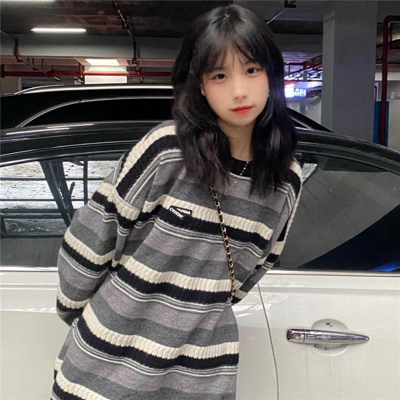 Women Striped Knitted Sweater Autumn Winter Warm Pullovers Oversized Sweaters Unisex Casual Loose Jumper Teen Streetwear