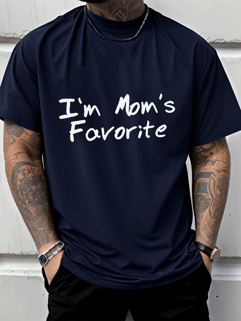 Unisexs Navy Crew Neck Tee I Am Moms Favorite Handwritten Letter Text Print Loose Summer Street Casual Daily Basic Short Sleeve Top