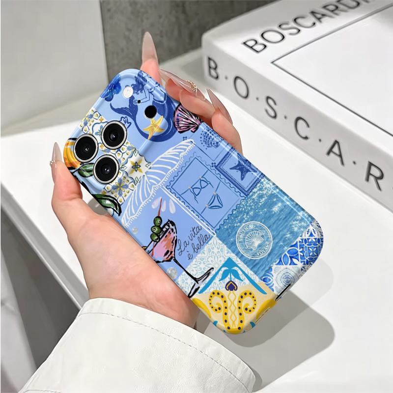 Playful Mediterranean Summer Coastal Collage Graphic Art Film Aesthetic Protective Shockproof Bumper Phone Case Cover For iPhone 14 15 16 Pro Max Plus