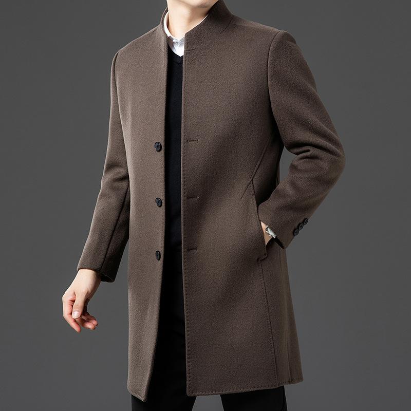 Autumn and Winter New Style Double-sided Woolen Stand-collar Coat for Middle-aged and Elderly Men, Business Casual Mid-length Men's High-end Coat