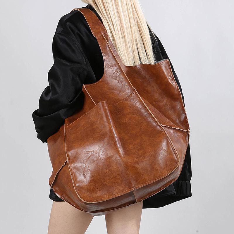Retro Super Big Shoulder Bag Female Solid Color Hand Bags For Women Soft Leather Casual Shopper Underarm Tote Bag