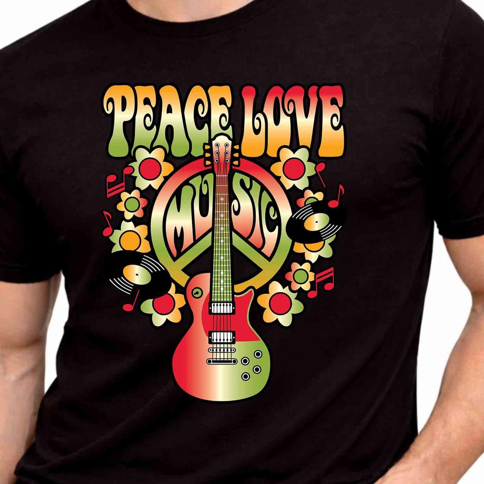 Peace Love Music T-Shirt Guitar Peace Sign Hippie Retro Flower Power Graphic Tee XL