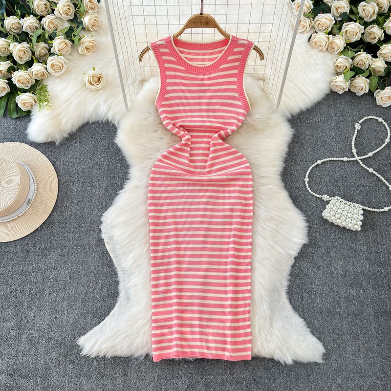 

Summer New Temperament Crew Neck Sleeveless Stretch Waist Hip Knitted Dress No Slit Sleeve Hip-Wrapped Mid-Length Dress Pink One size