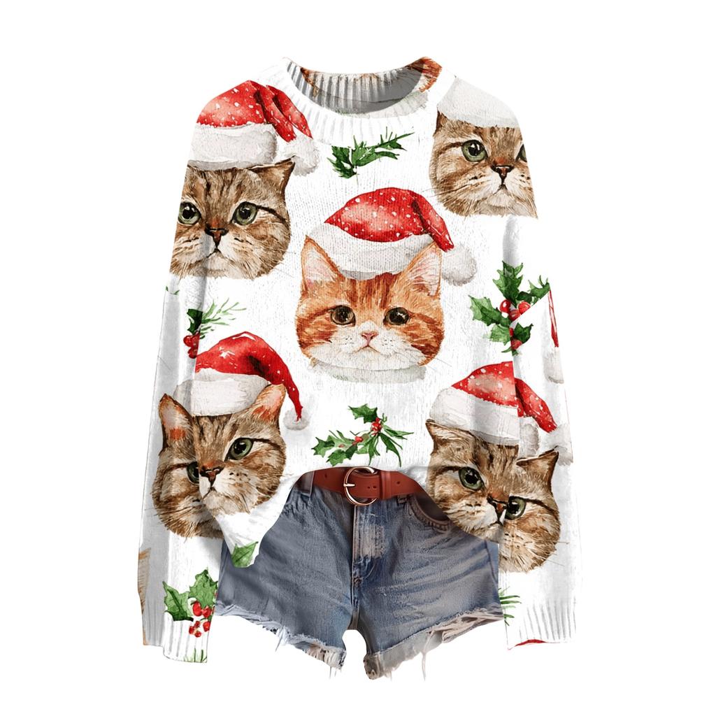 Women's Soft Christmas Print Crewneck Long Sleeve Sweater for Fall and Winter