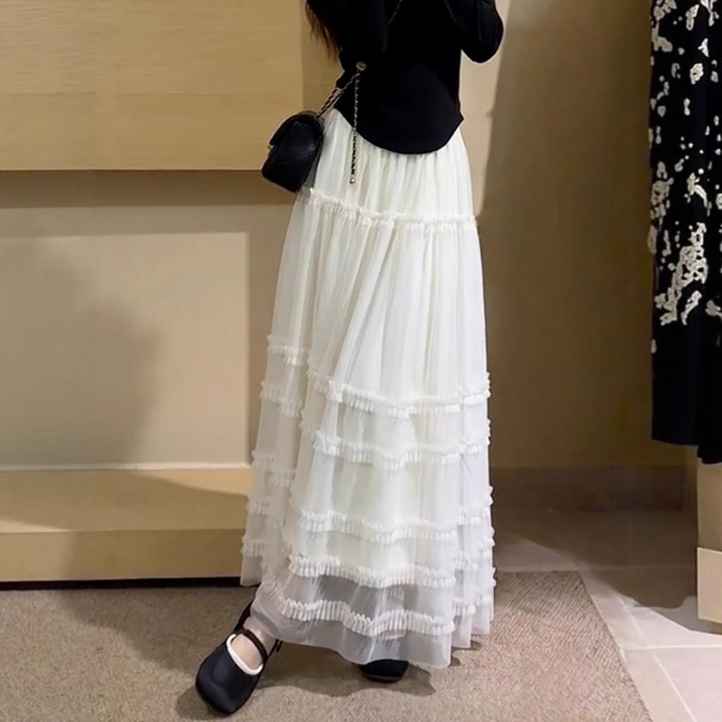 Qooth Lace Edge Fluffy  Layered Tulle Skirt Ankle-length with A Full Flared Silhouette QT2862 белый