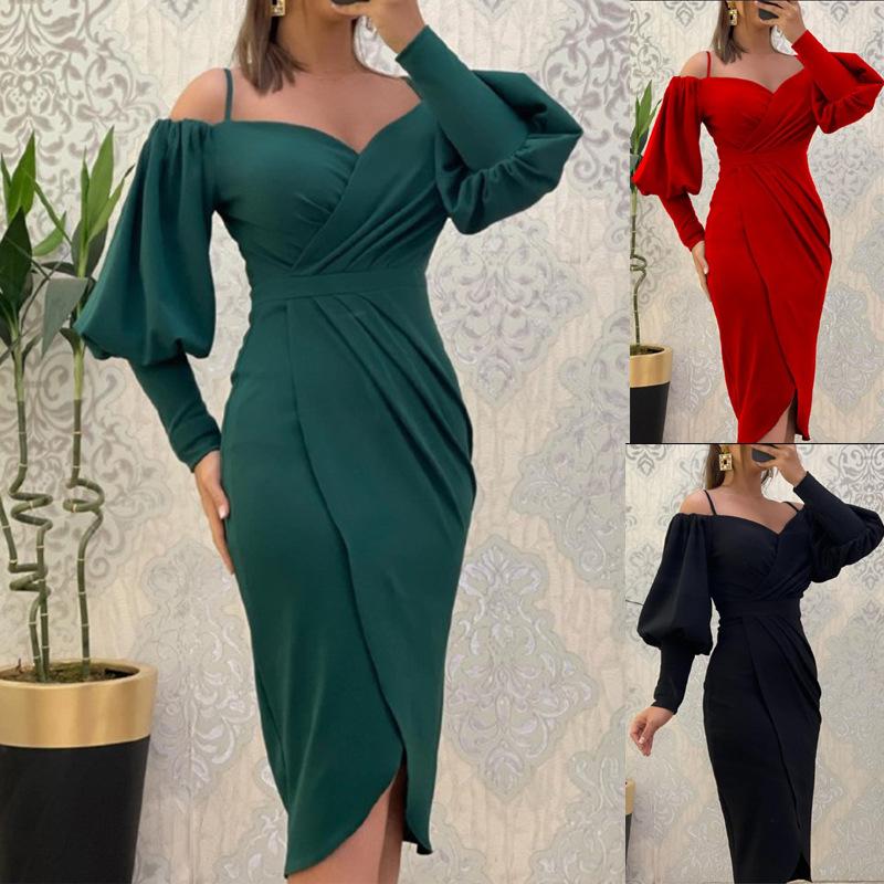 Women's Off Shoulder Midi Dress V Neck Wrap Front Puff Long Sleeve Ruched Waist Bodycon Elegant Party Dress