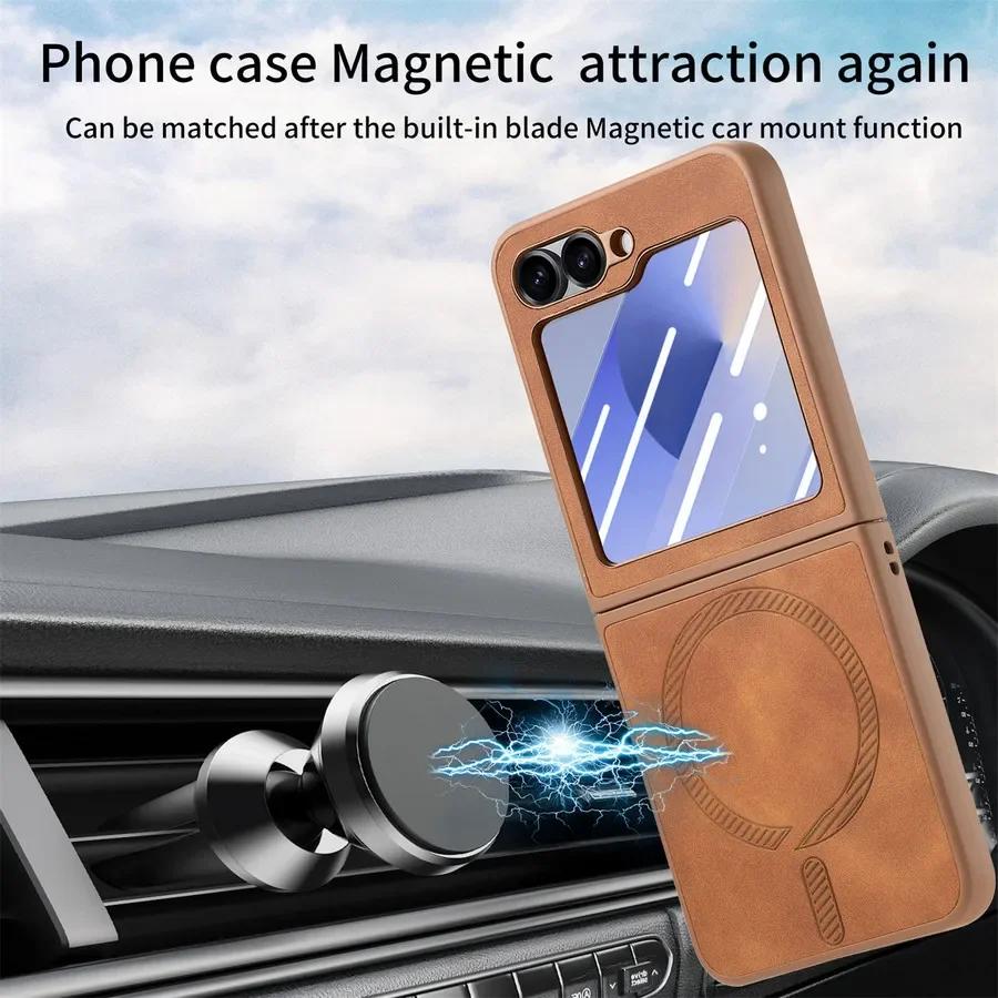 Magsafe Case for Samsung Galaxy Z Flip 6 5 4 Matte Leather Phone Cover for Samsung Z Flip4 Flip5 Flip6 Protection Cases with Screen Protector