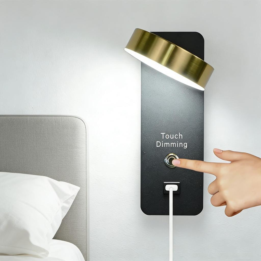 Three-Speed Dimmable LED Wall Lamp with USB Charger for Bedroom and Hotel
