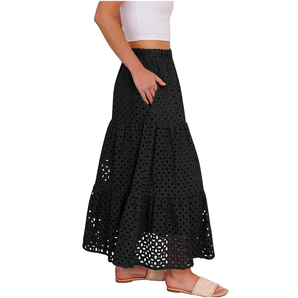 Damen Mode Farbe Bohemian Hohl Hohe Taille A-Linie Tasche Lang Lässiger Halber Rock