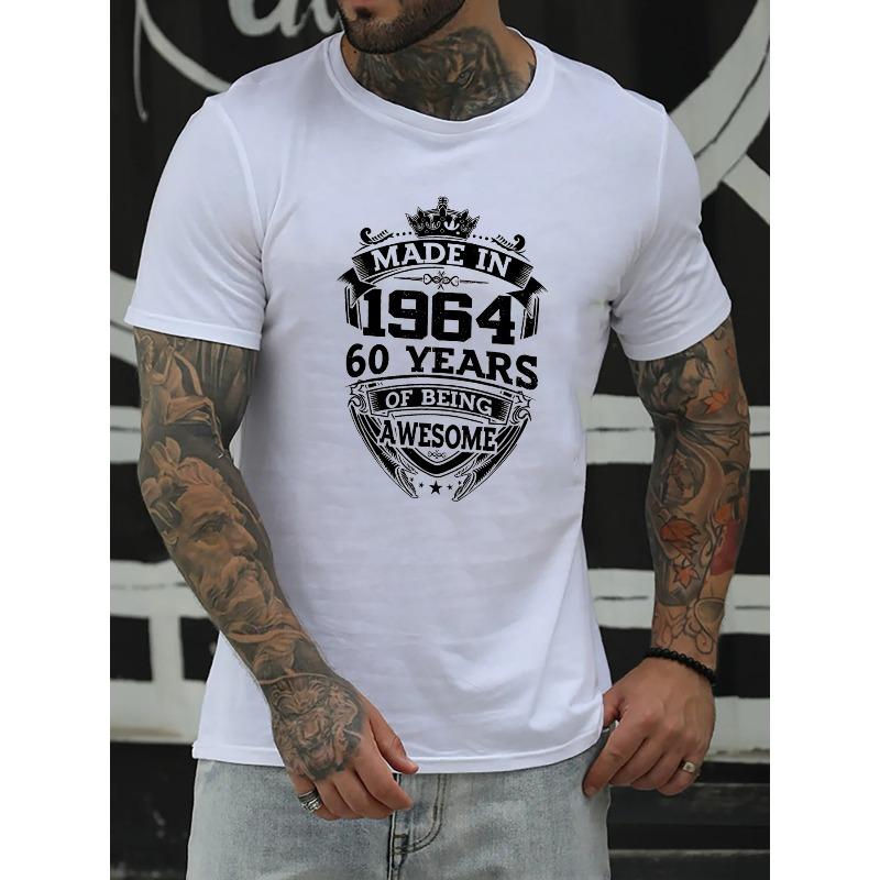 European sizes MADE IN 1964 60 YEARS Print, Men's Comfy T-shirt, Casual Fit Tees For Summer, Men's Clothing Tops For Daily Activities