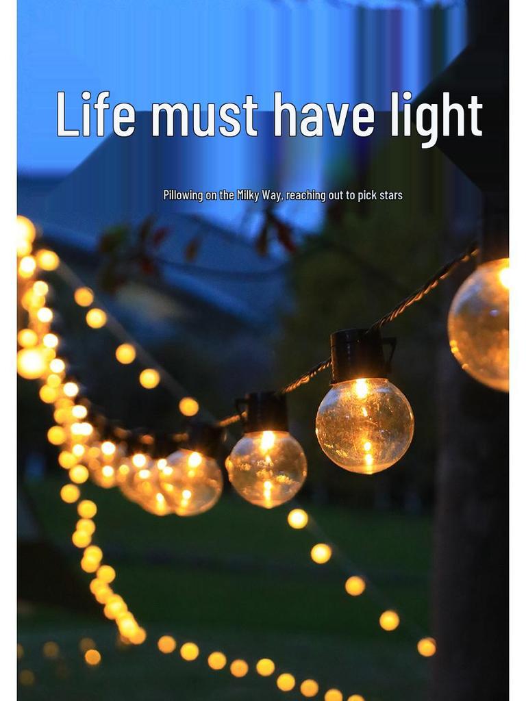 G50 Solar LED Outdoor Waterproof String Lights - Large Round Bulbs for Camping, Courtyard, Canopy, Tent, and Decorative Atmosphere.