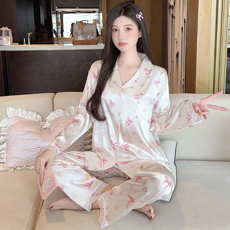 French Floral Ice Silk Long-Sleeve Ruffle Pajamas for Women - Spring & Autumn