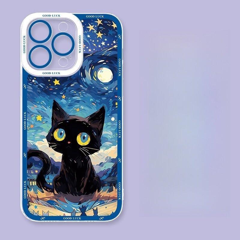 Starry Night Black Cat Case for Realme C53 C55 C67 C63 C33 C30 C35 C51 C21Y C25Y C20 7i 8i 9i 9 10 12 Pro Plus 8 9 Pro 5G Cover