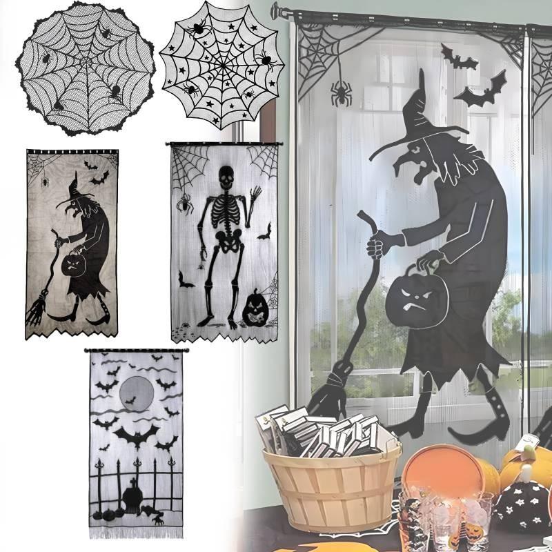 Stylish Black Lace Halloween Table Flag Featuring Creepy Bat And Spider Web Patterns