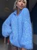 2026 Autumn/Winter Blue Sequin Knit Cardigan Sweater for Women