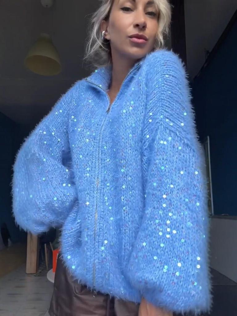 2026 Autumn/Winter Blue Sequin Knit Cardigan Sweater for Women