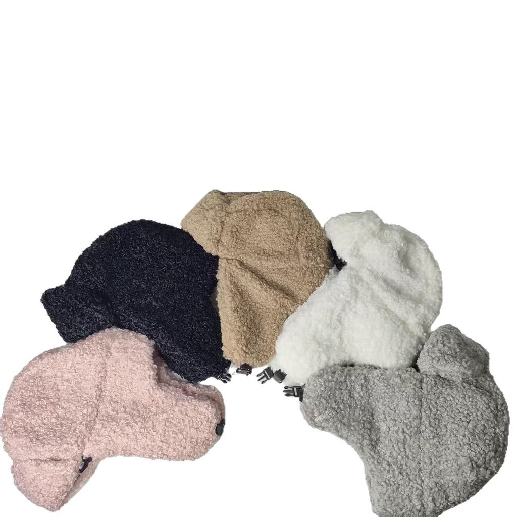 Winter cute solid color teddy fleece ear protection imitation lamb fleece Lei Feng hat women's thickened warm plush ski flying hat