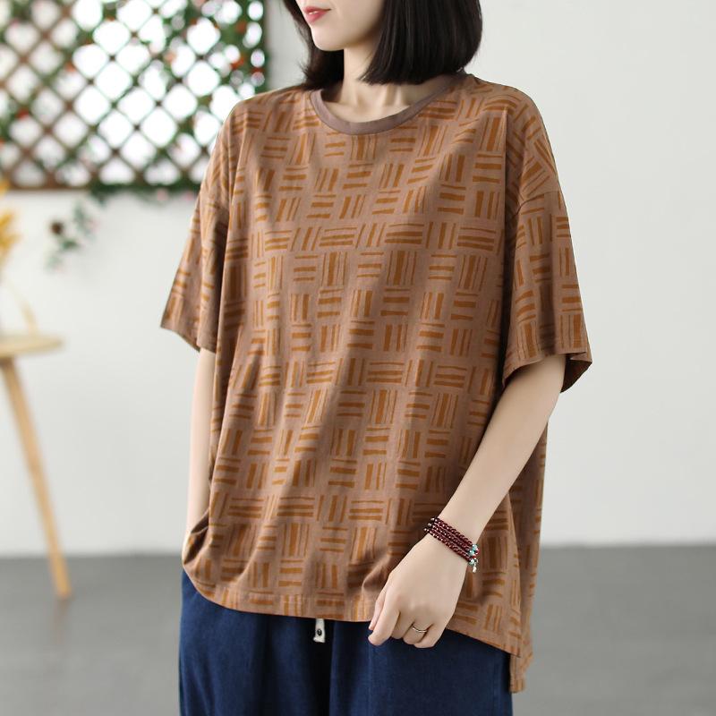 Plus Size Loose Cotton Short Sleeve Women's T-Shirt Summer Crew Neck T Shirt Vintage Casual Tops