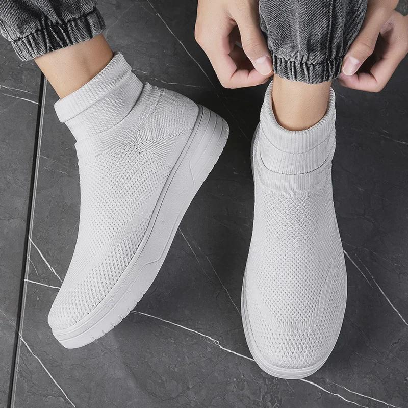 Autumn Breathable Mesh High-Top Casual Couple Socks Shoes - Men's Thick-Soled Flying Woven Sports Sneakers