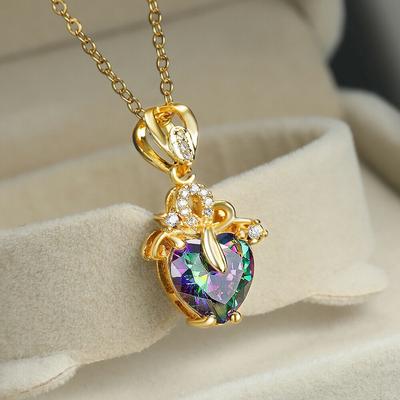 Roségold Farbe Herzschliff Mehrfarbiger Stein Halsketten Anhänger Valentinstagsgeschenk KTJ