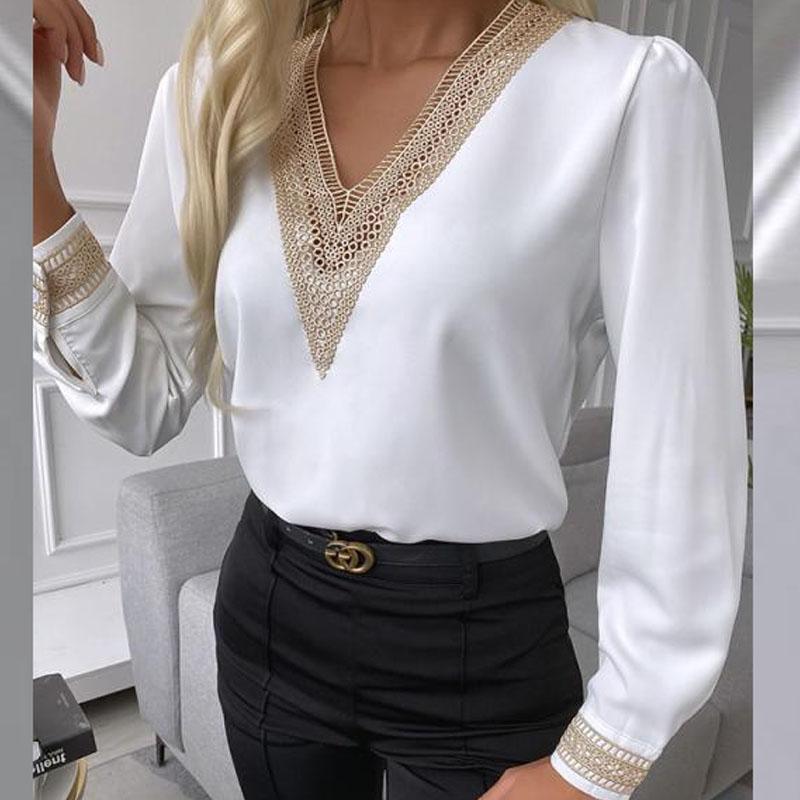 V-neck Chiffon Lace Hollow Loose Western Style Small Shirt Top Women, Autumn New Products Women's Fashion Temperament Long-sleeved Shirt