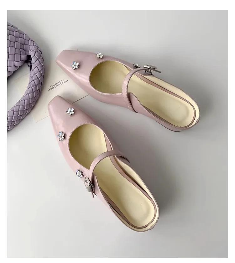 Fashion French Rhinestone Flower Baotou Half Slippers Women Wear Outside To Increase The Square Head Temperament Single Shoes
