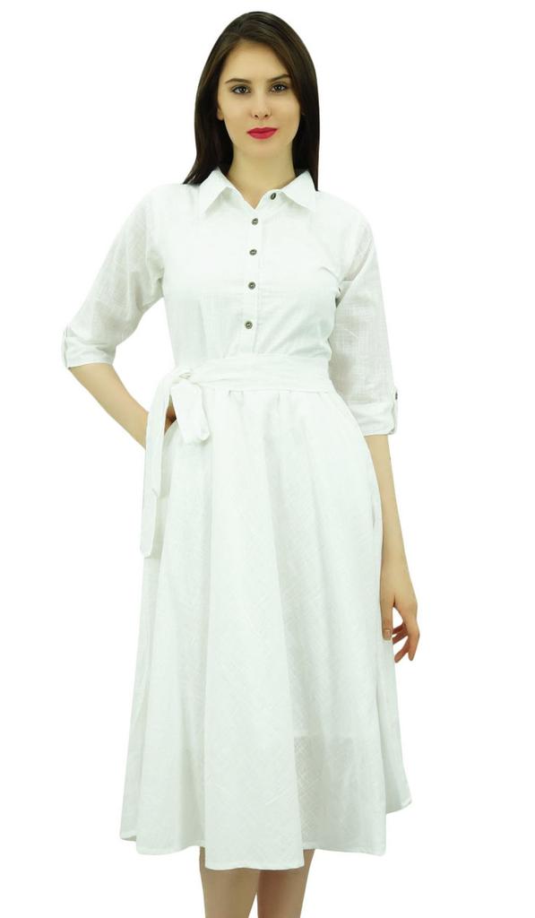 Bimba Women's 3 4 Sleeve Linen Collar Neck Solid Flared Shirt Dress with Side