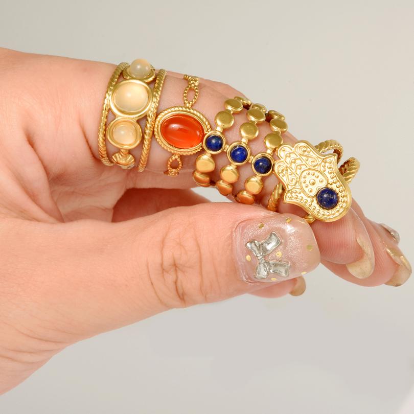 1/6pcs Real Tiger Eye Blue Red Transparent Stone Open Adjustable Stainless Steel Rings For Women Men Accessories Vintage Jewelry
