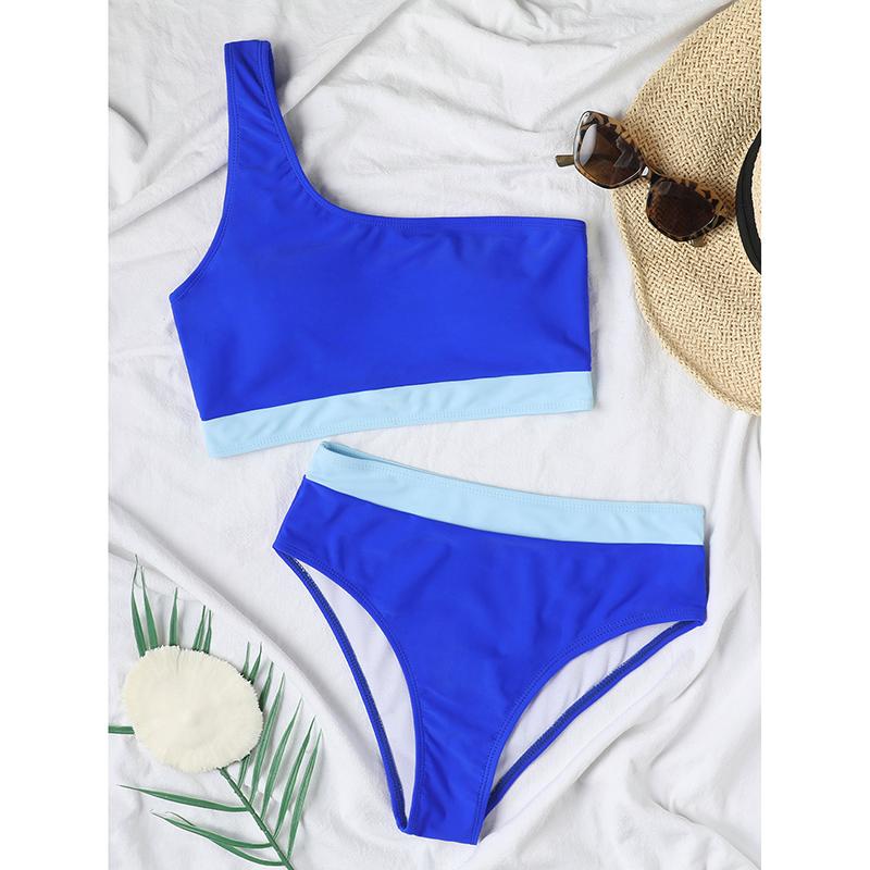 Patchwork Bikini Women Solid Color High Waist 2 Piece Swimsuit Single Shoulder Tankini Backless Beach Bathing Suit