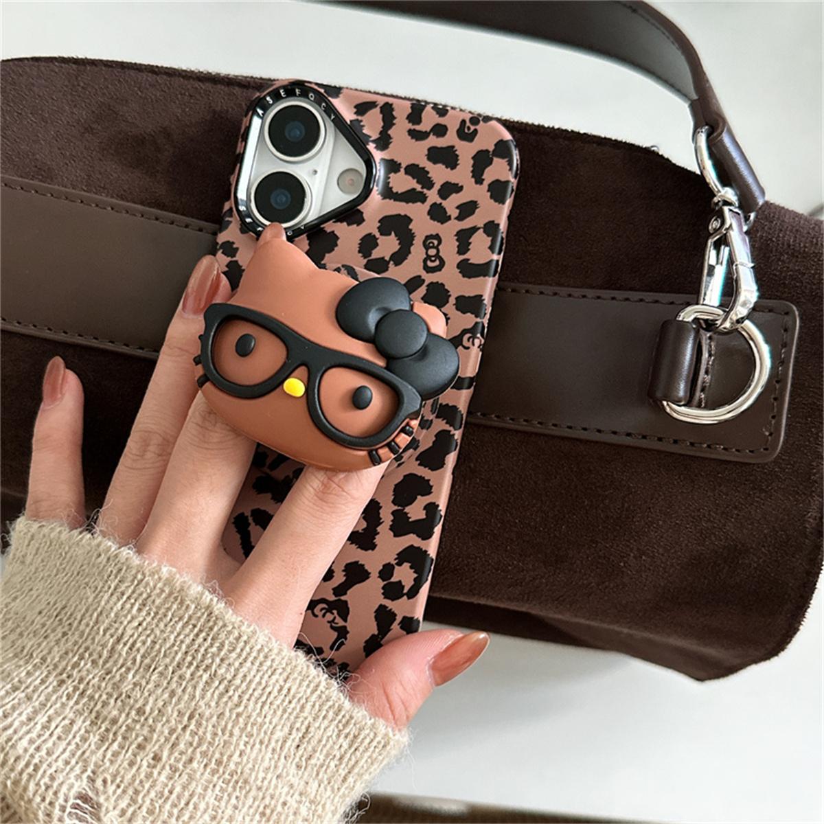 

Korean Ins Cute Leopard Print Magnetic Phone Case For iPhone 16 Pro 15 14 Pro Max Cover with Hellokitty Stand Cartoon Cases For iPhone 17ProMax