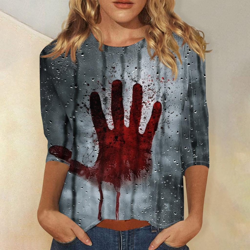 Women's Fashion Casual Three-quarter Sleeve Halloween Printed Round Neck Top
