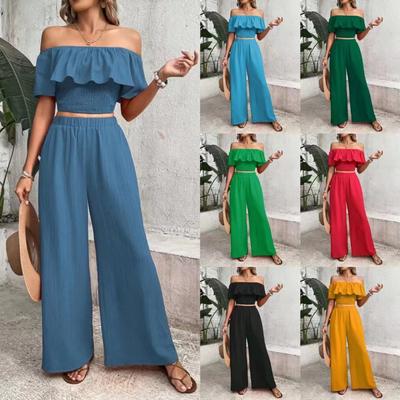 New Women's Casual Solid Color Off-shoulder Smocked Tube Top + Solid Wide Leg Pants Set