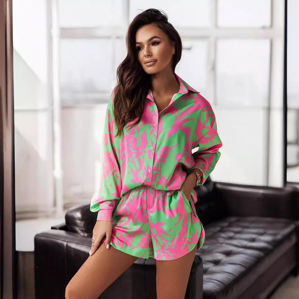 Women's Multi-color Vacation Style Casual Shirt and Shorts Set, 2022