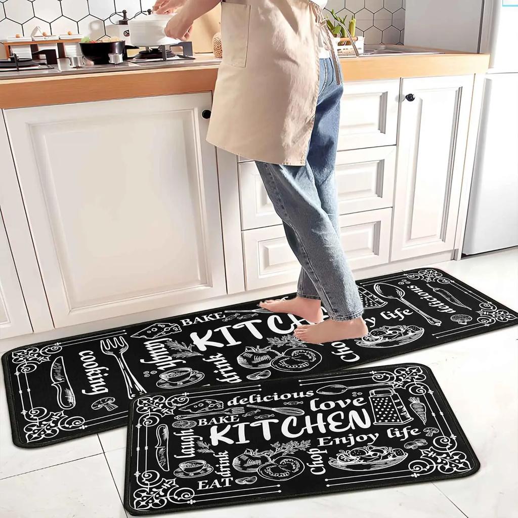 2pcs Kitchen Carpet Soft Anti-Slip Coffee Print Kitchen Decorative Mat Shower Room Door Mat Home Decoration