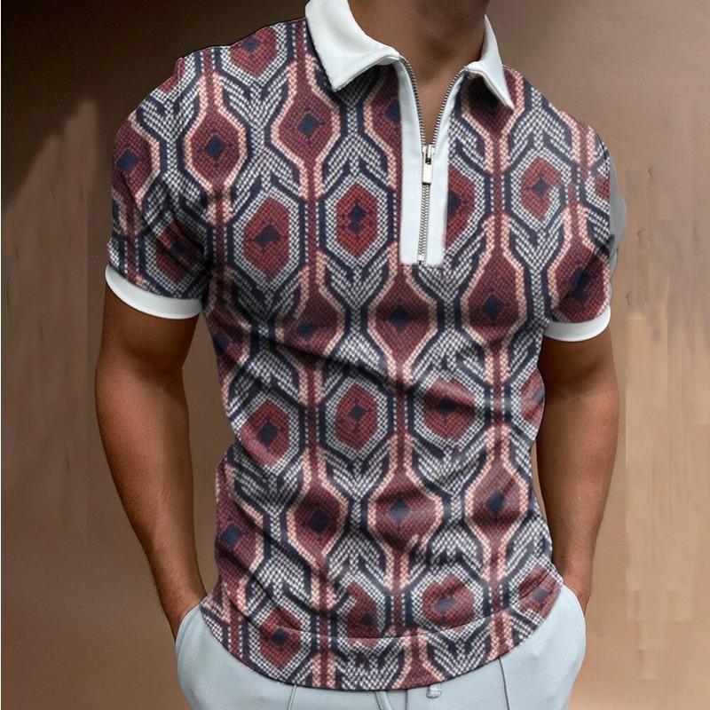 Pánská polokošile na zip s 3D potiskem, business casual košile s krátkým rukávem