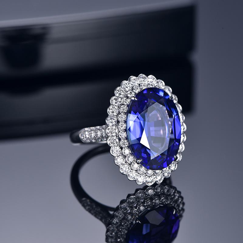 Simulated Deep Blue Tanzanite & Ruby Zircon Pavé Open Ring for Women - European & American Style