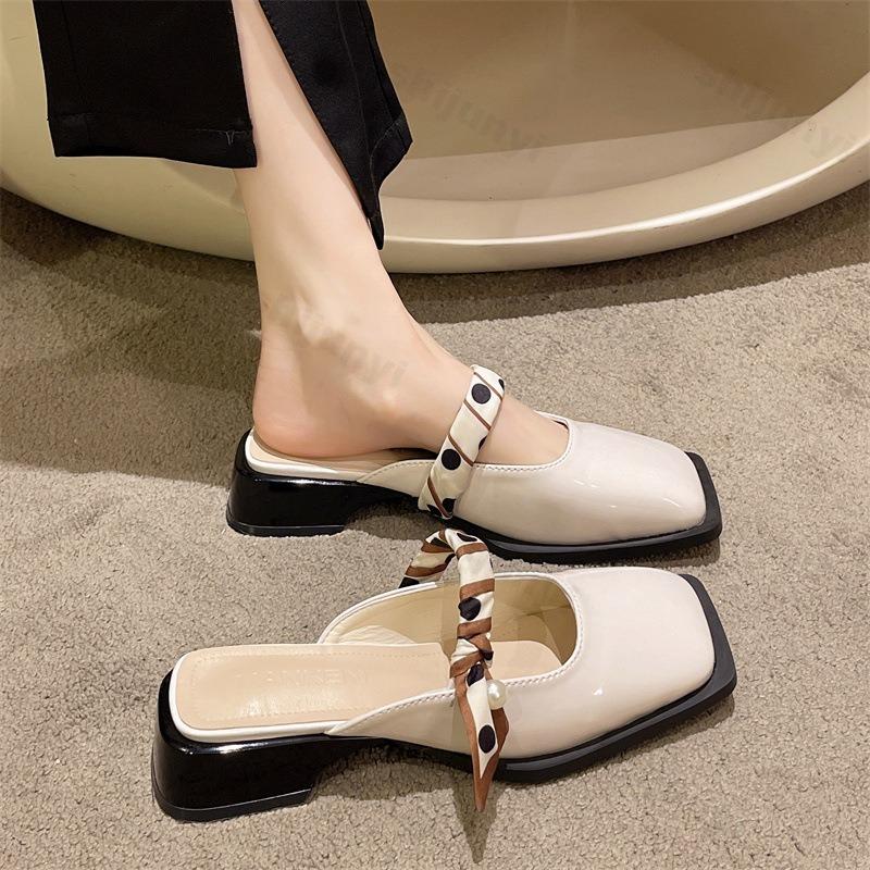 Fashion French Style Thick Heeled Half Slippers for Women's 2025 Summer New Square Head Muler Shoes Fashion Slip On Comfortable Sandals