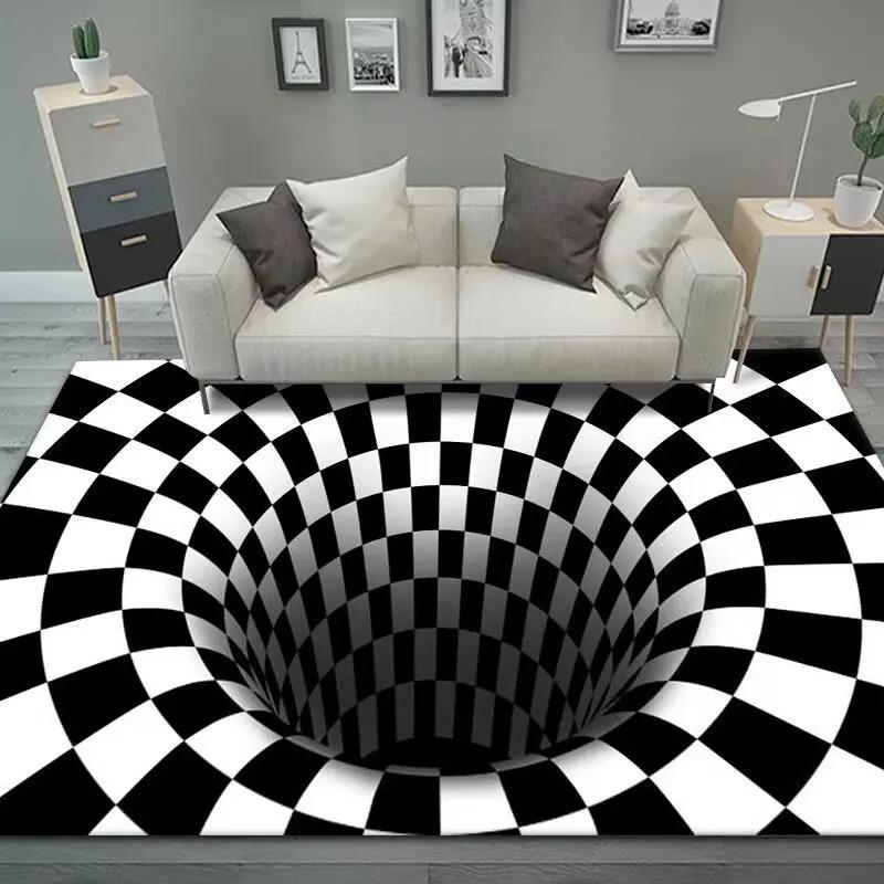 Large Size Carpet 3D Vortex Illusion Black White Rug Abstract Geometric Optical Mat Non-Slip for Bedroom Living Room Decoration
