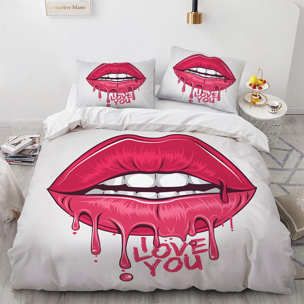 3D Druck Rote Lippen Bettbezug Set Sexy Thema Romantischer Stil für Mädchen Frauen Paar Bettwäsche Set King Queen Größe mit Kissenbezug