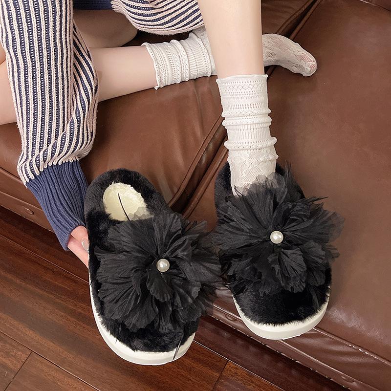 Korean Version of Mesh Wool Slippers Women's 2025 Summer and Autumn New Flower Outer Slippers One-word Flat Cotton Slippers
