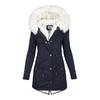 Abrigo de invierno de algodón para mujer, talla grande, capucha de piel sintética, forro polar, cremallera y botón a presión.