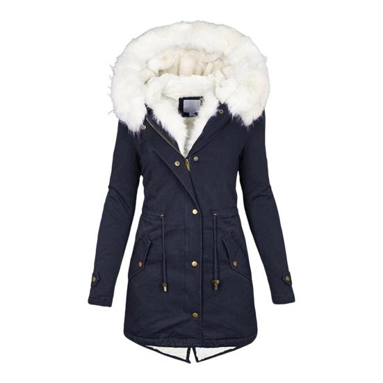 Abrigo de invierno de algodón para mujer, talla grande, capucha de piel sintética, forro polar, cremallera y botón a presión.