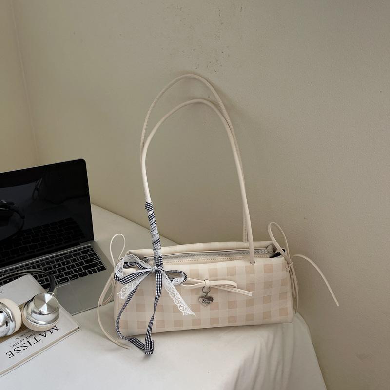 Sweet Bow Lace Ribbon Women Shoulder Bags Plaid Elegant Ladies Underarm Pillow Bag Large Capacity Portable Girls Phone Handbags