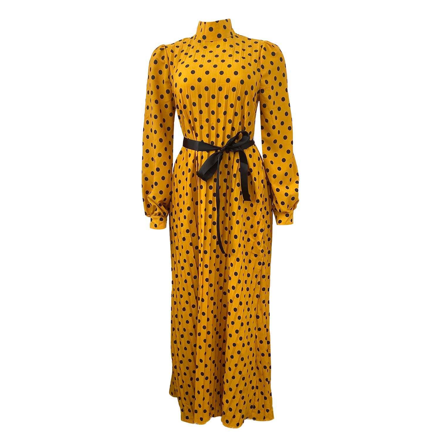 

T women s loose pleated polka dot dress long dress large size dress S жёлтый