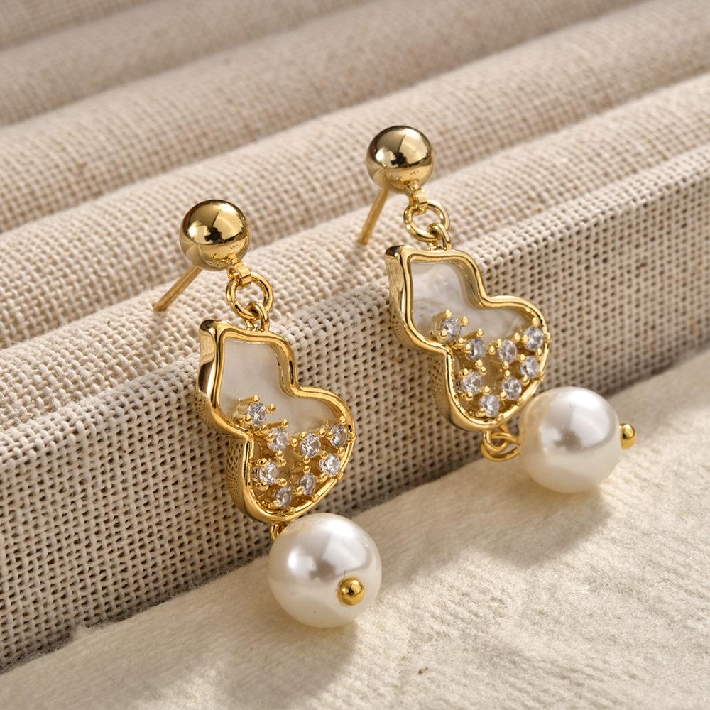 Ethnic Shell Stud Earrings, Unique Design Pearl Drop Earrings with Zircon
