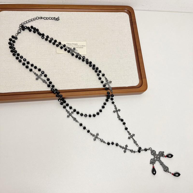 Gotischer Schwarzer Kreuzanhänger Lange Kette Halskette Damen Legierung Statement Layering Dunkle Ästhetik Schmuck